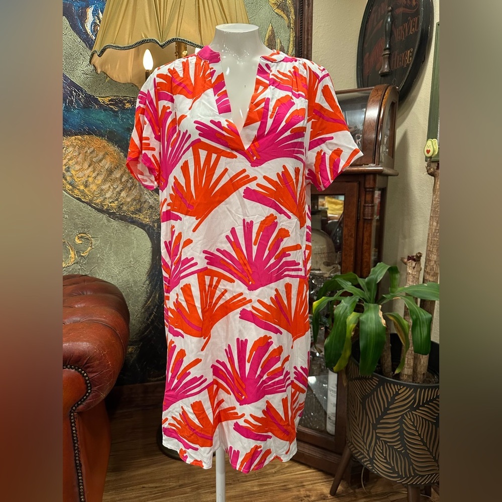 NWT MARY SQUARE  Chic Pink and Orange Midi Dress short  SLEEVE